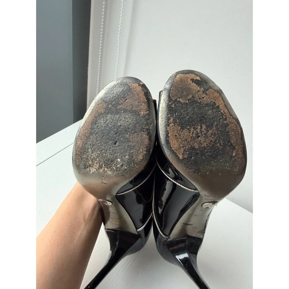 Dolce & Gabbana Patent Leather Peep Toe Heels Black Gold IT 38 Vintage US8